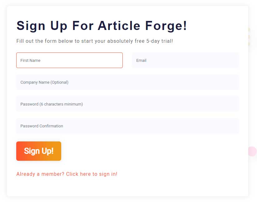 signing up for article forge